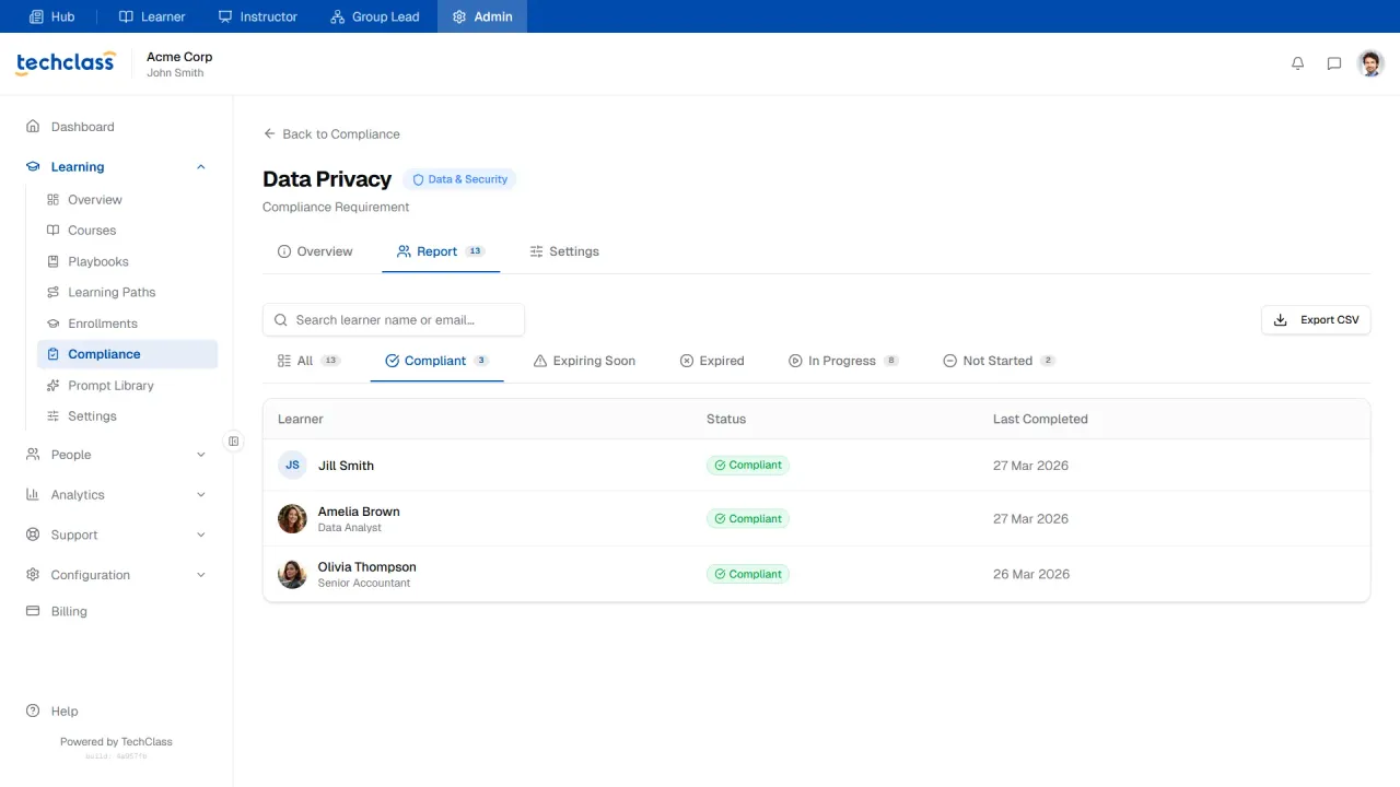 Tracking completion status and exporting a compliance report in TechClass