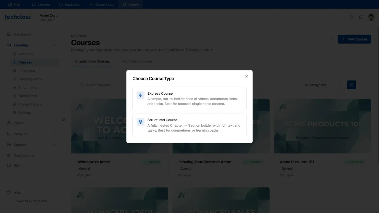 Creating an express or structured course in TechClass