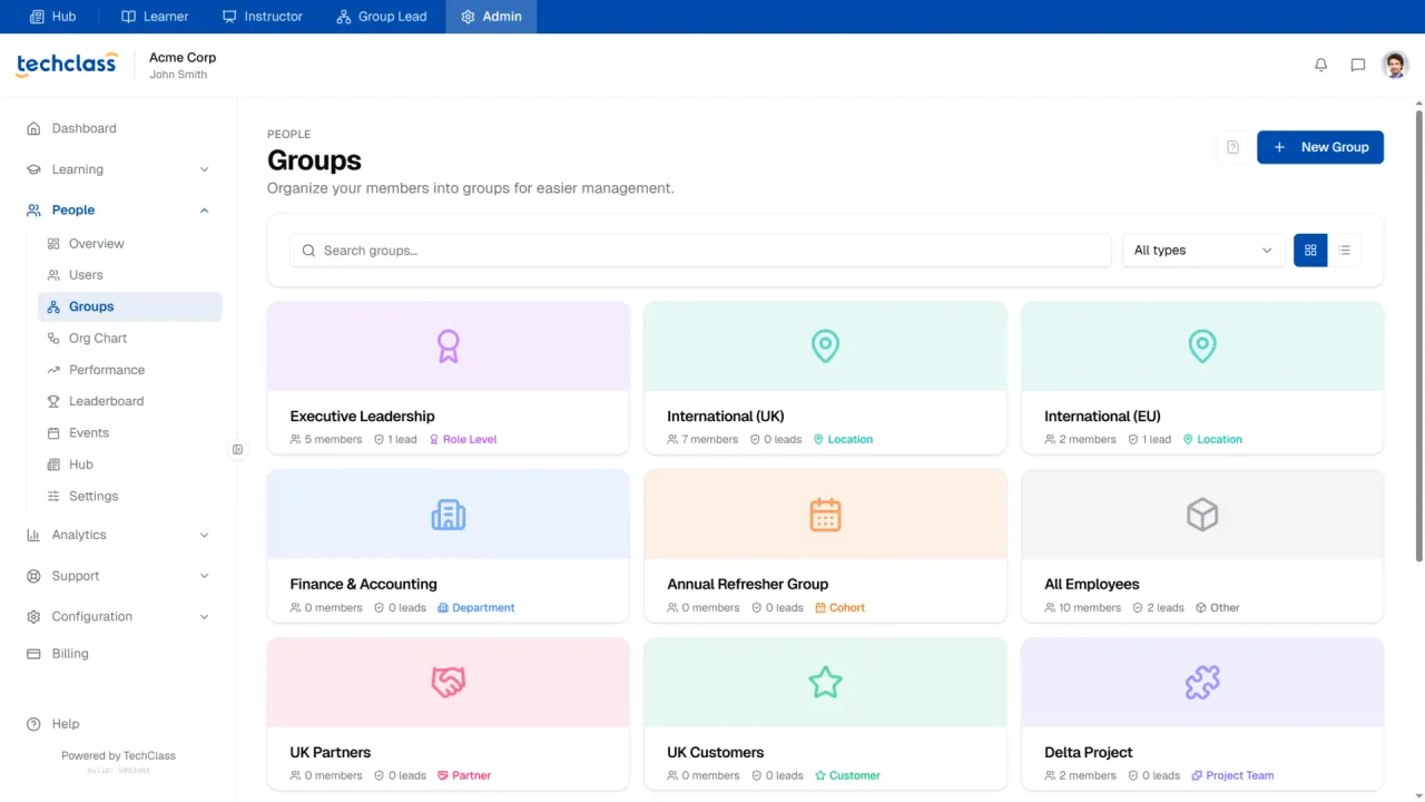 Organizing learners into groups and roles in TechClass