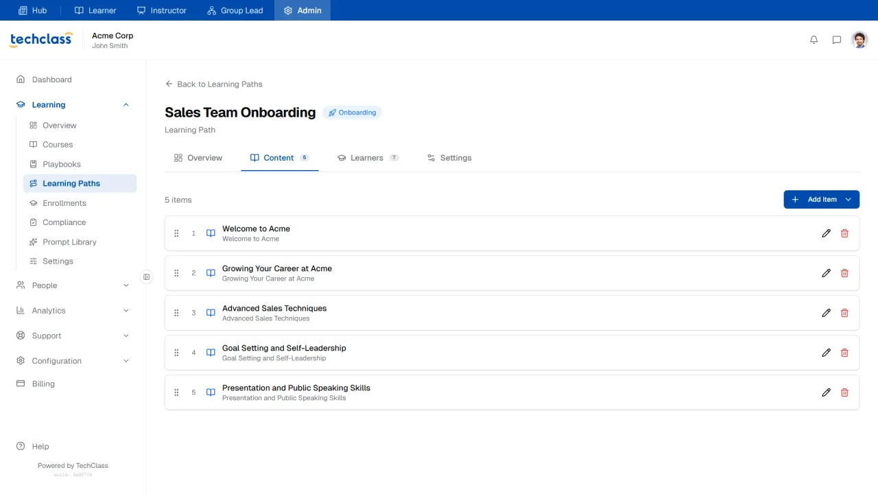 A structured onboarding learning path in TechClass