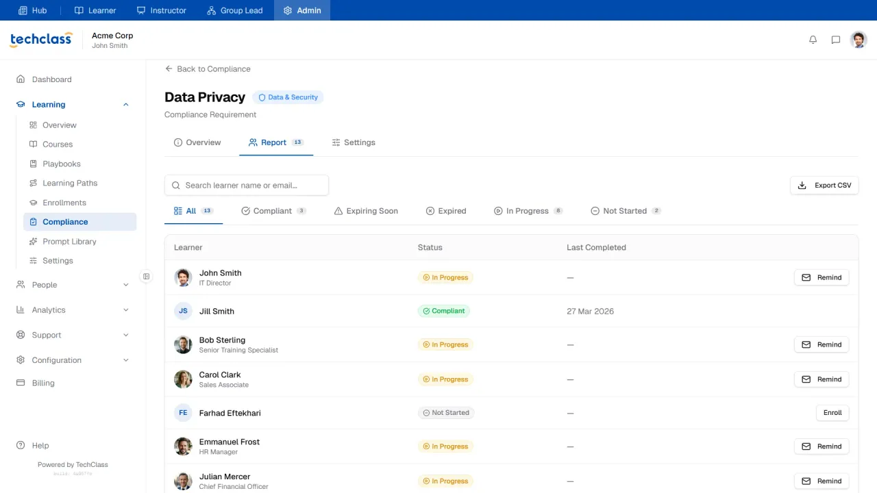 TechClass Compliance Tracking Feature